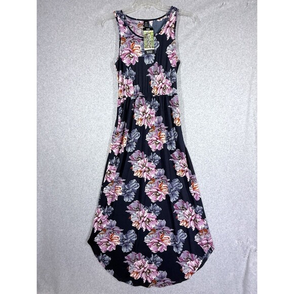 Womens Maxi Dress Size S-M Round Hem Pockets Colorful Floral Sleeveless - Picture 1 of 15